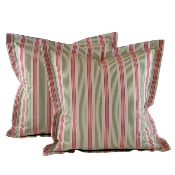Pair Designer Kravet Laura Ashley Cream Green Pink Ticking Stripe Pillow Covers - Picture 6 of 6